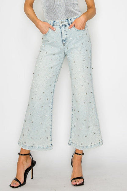 Jewel Embellished High Rise Cropped Palazzo Jeans - Bitsy Gypsy Boutique