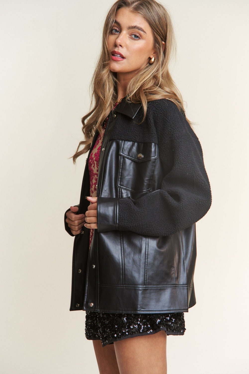 J.NNA Faux Leather Sherpa Contrast Snap Down Jacket - Bitsy Gypsy Boutique