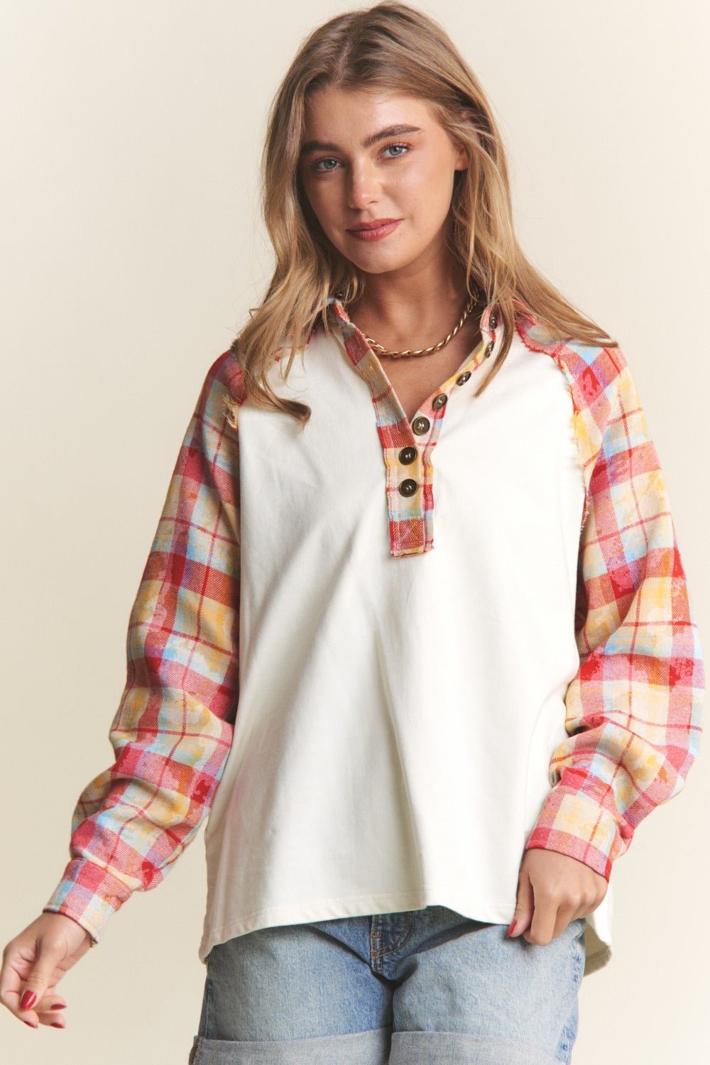 J.NNA Plaid Contrast Button Down Henley Top - Bitsy Gypsy Boutique