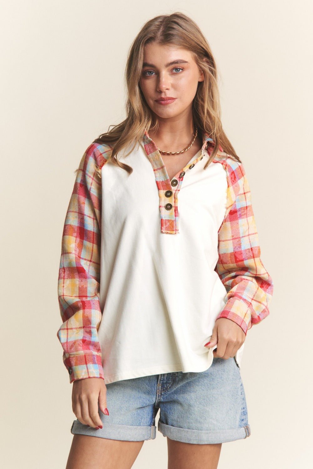 J.NNA Plaid Contrast Button Down Henley Top - Bitsy Gypsy Boutique