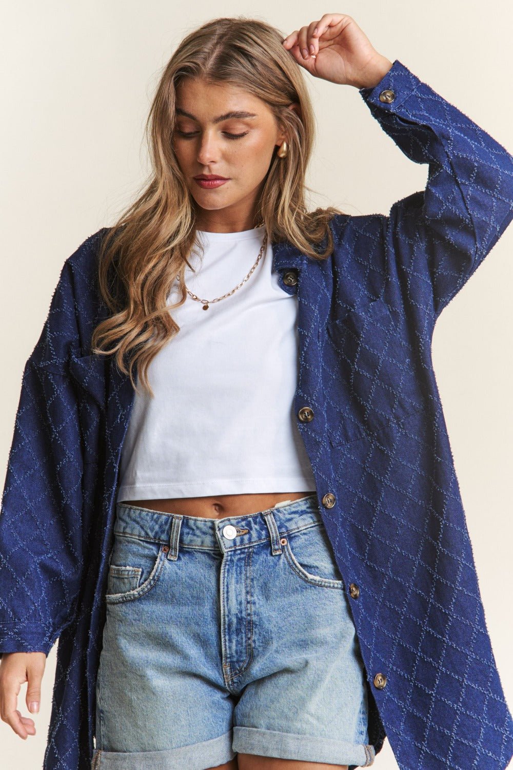 J.NNA Rhombus Stitched Button Up Denim Shacket - Bitsy Gypsy Boutique