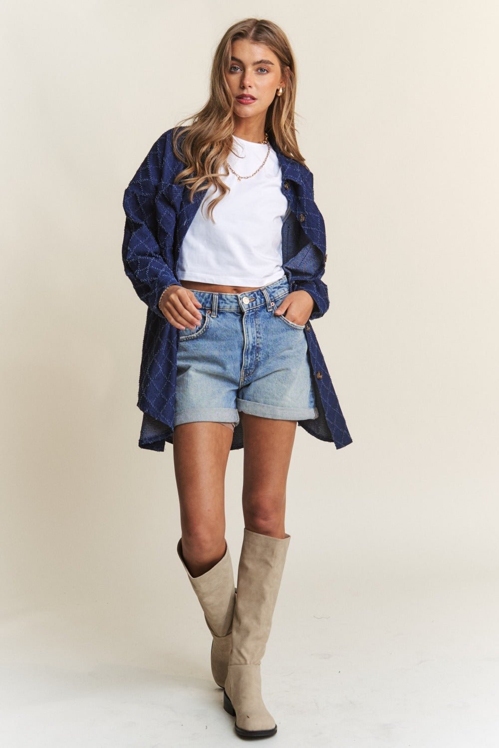 J.NNA Rhombus Stitched Button Up Denim Shacket - Bitsy Gypsy Boutique