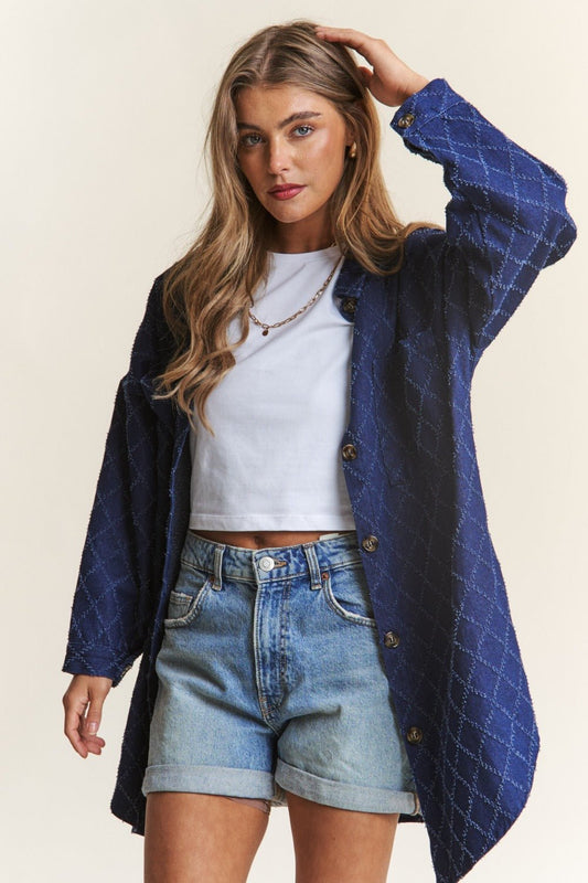 J.NNA Rhombus Stitched Button Up Denim Shacket - Bitsy Gypsy Boutique