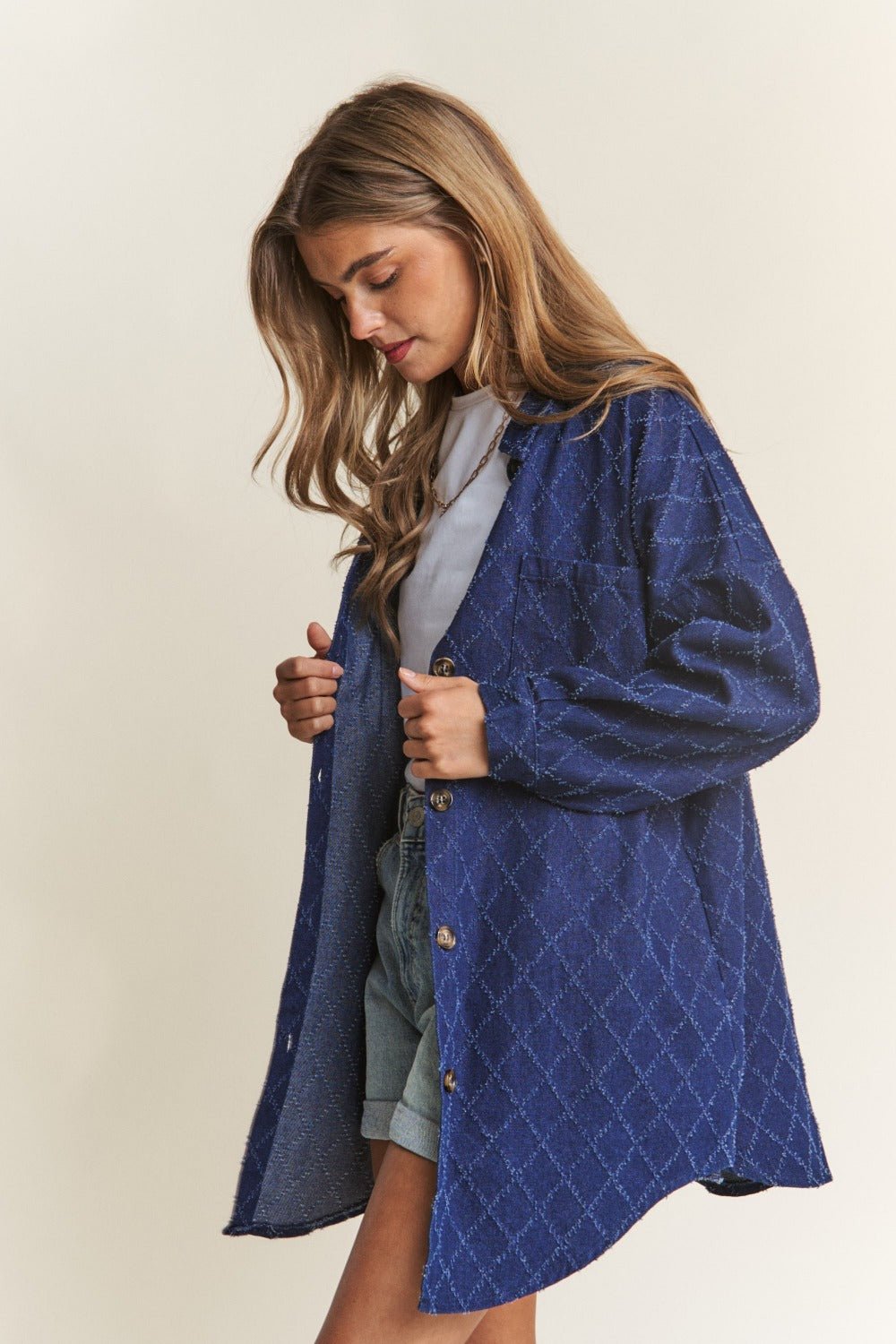 J.NNA Rhombus Stitched Button Up Denim Shacket - Bitsy Gypsy Boutique