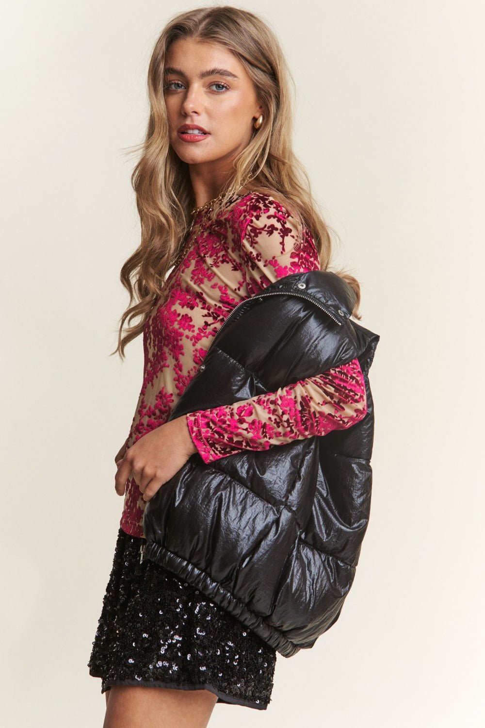 J.NNA Snap and Zipper Shiny Metallic Puffer Vest - Bitsy Gypsy Boutique