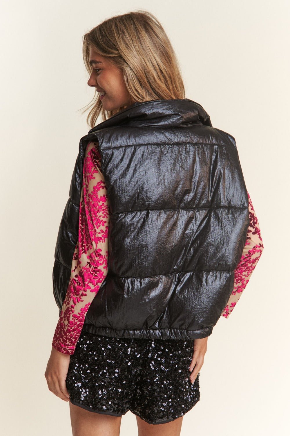 J.NNA Snap and Zipper Shiny Metallic Puffer Vest - Bitsy Gypsy Boutique