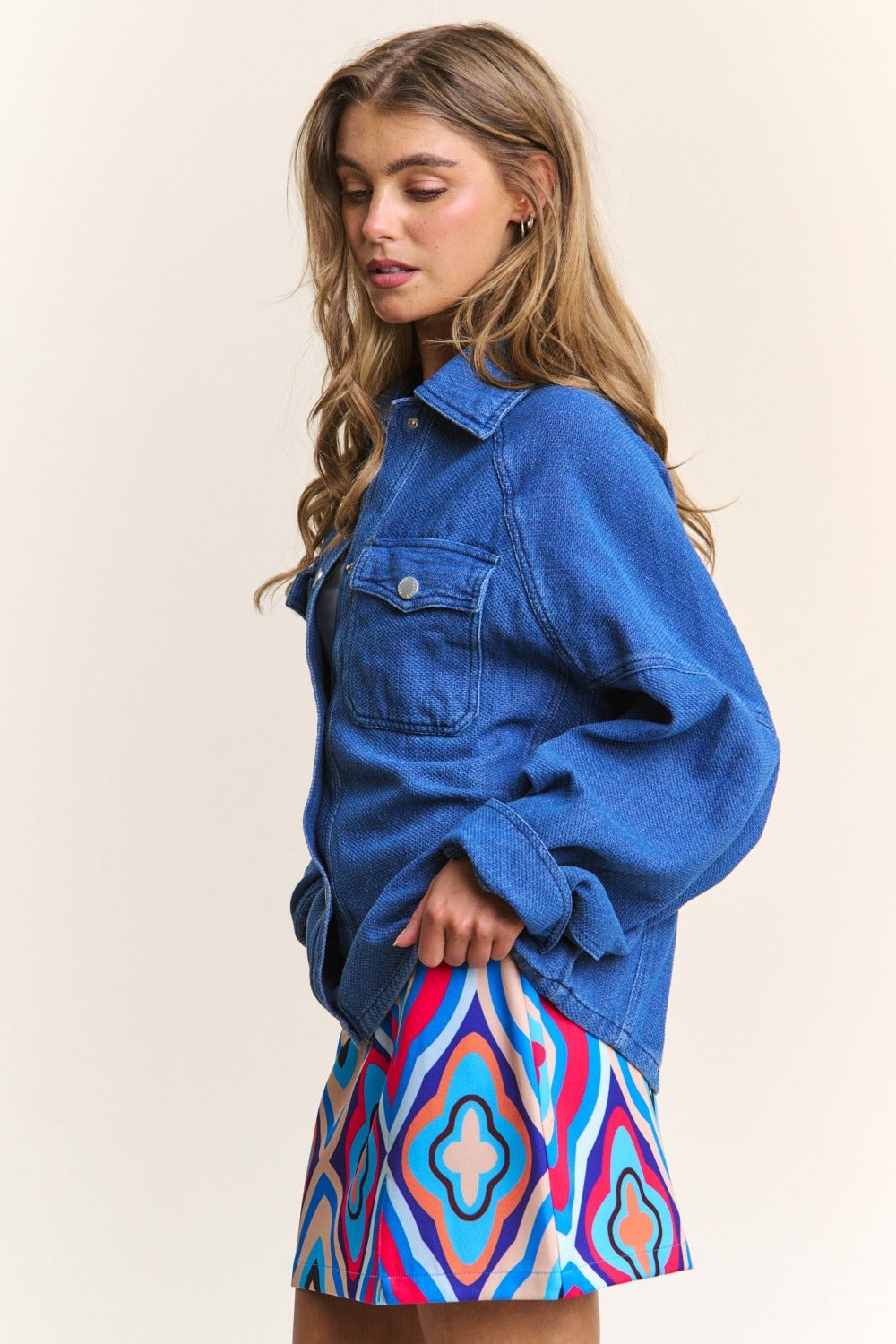 J.NNA Snap Down Long Sleeve Denim Shacket - Bitsy Gypsy Boutique