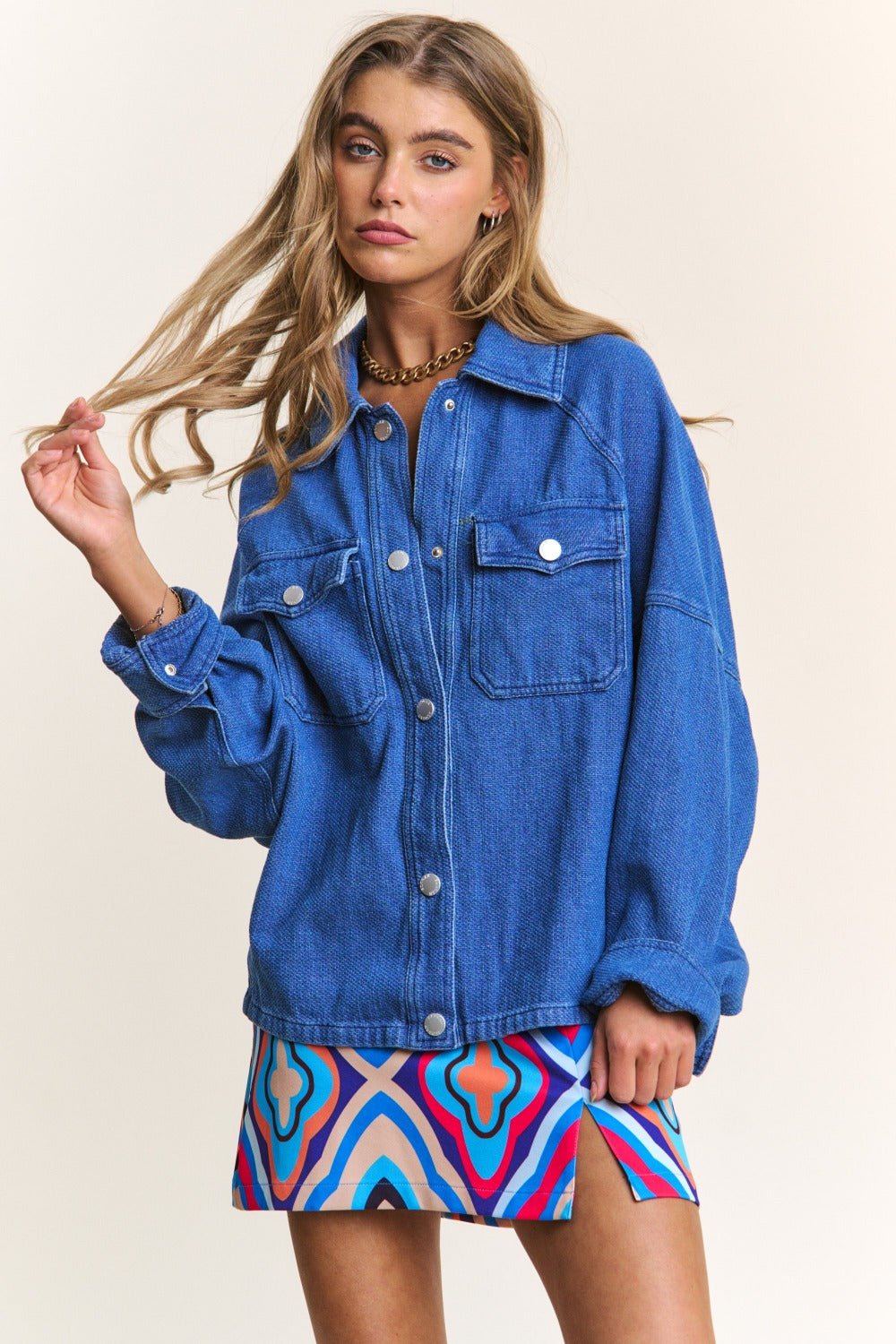 J.NNA Snap Down Long Sleeve Denim Shacket - Bitsy Gypsy Boutique