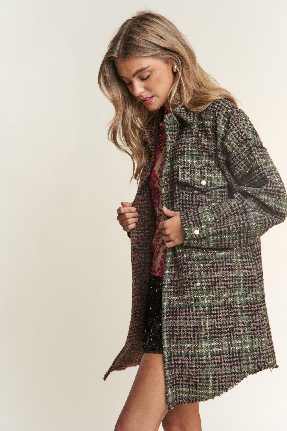 J.NNA Snap Down Tweed Plaid Contrast Longline Shacket - Bitsy Gypsy Boutique