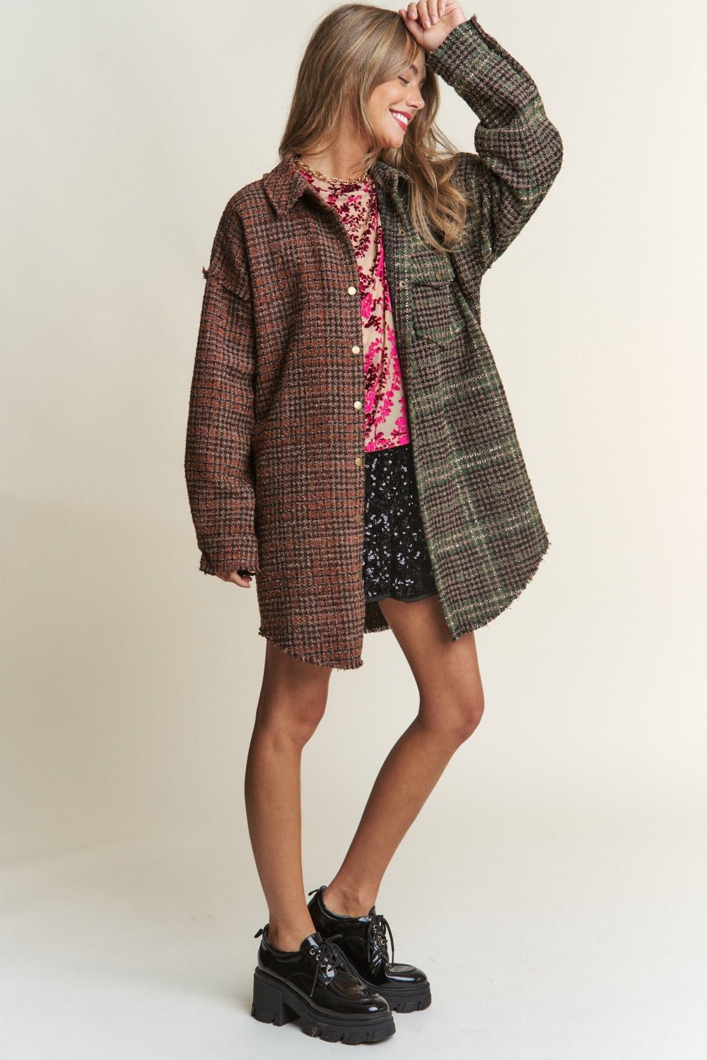 J.NNA Snap Down Tweed Plaid Contrast Longline Shacket - Bitsy Gypsy Boutique