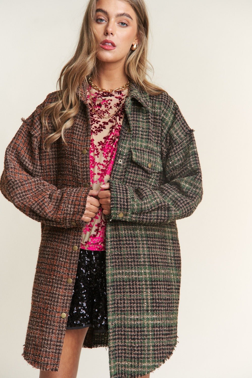 J.NNA Snap Down Tweed Plaid Contrast Longline Shacket - Bitsy Gypsy Boutique