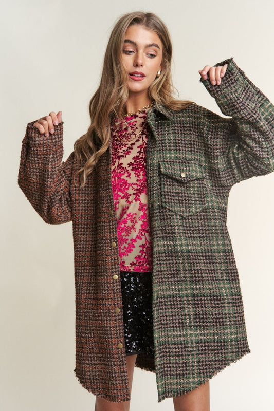 J.NNA Snap Down Tweed Plaid Contrast Longline Shacket - Bitsy Gypsy Boutique