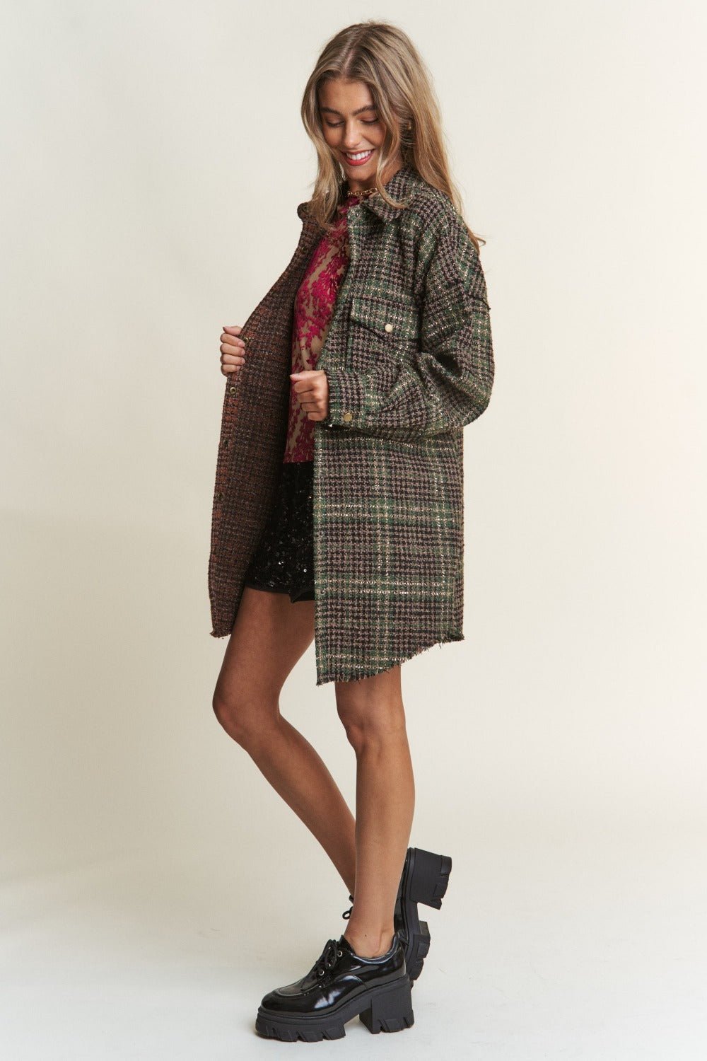 J.NNA Snap Down Tweed Plaid Contrast Longline Shacket - Bitsy Gypsy Boutique