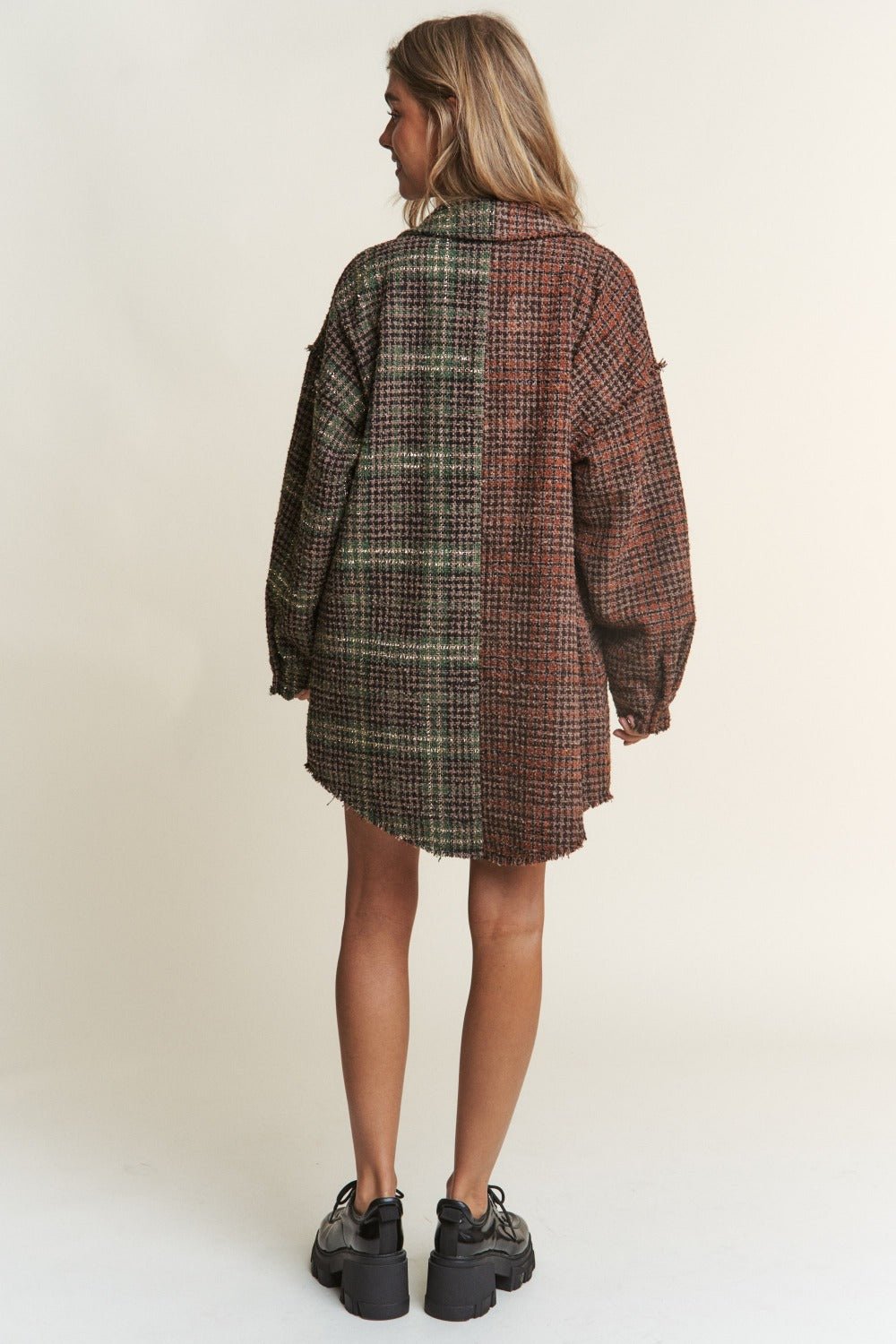 J.NNA Snap Down Tweed Plaid Contrast Longline Shacket - Bitsy Gypsy Boutique