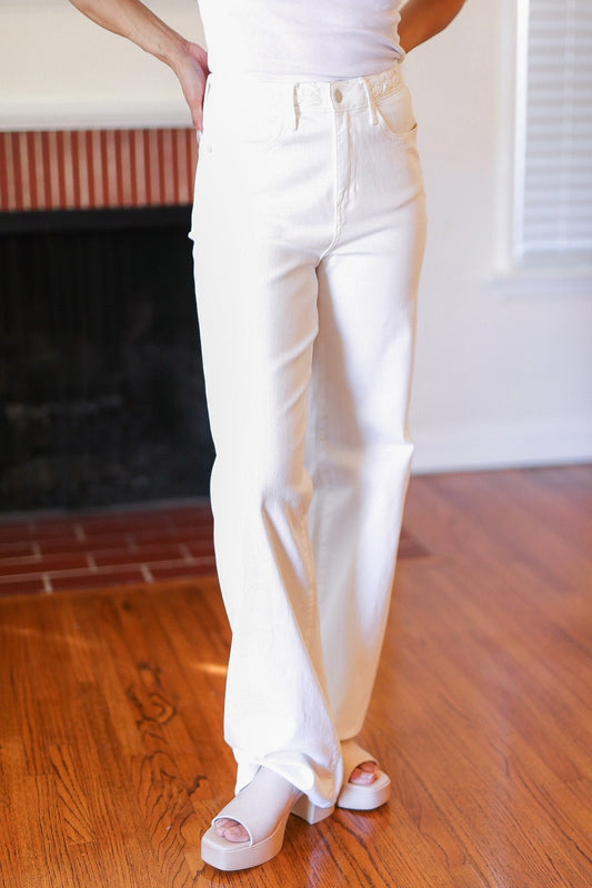 Judy Blue Above & Beyond White Braided Waist Wide Leg Jeans - Bitsy Gypsy Boutique