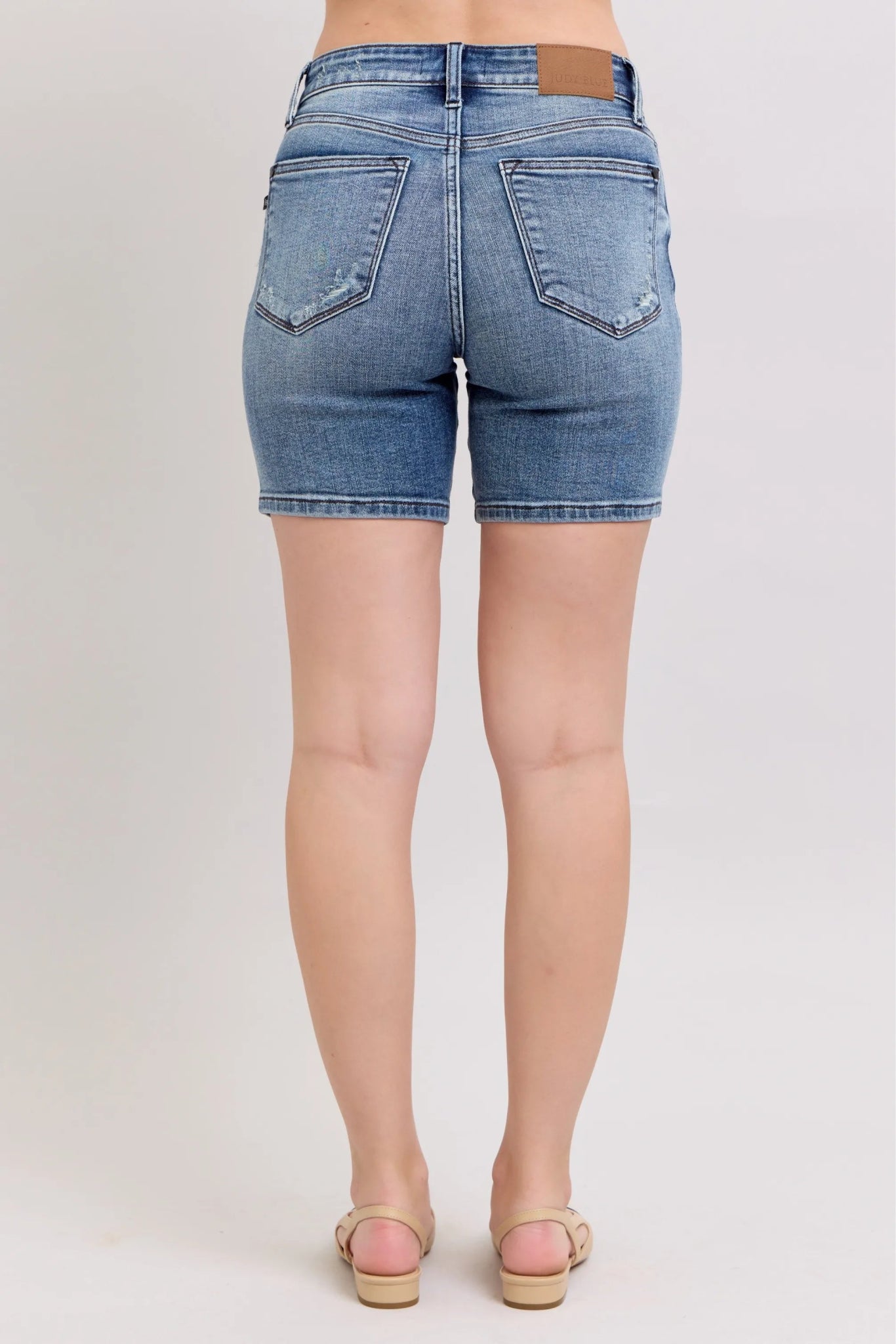 Judy Blue Button Fly Mid Length Denim Shorts W/ Destroy - Bitsy Gypsy Boutique