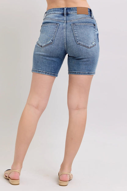 Judy Blue Button Fly Mid Length Denim Shorts W/ Destroy - Bitsy Gypsy Boutique