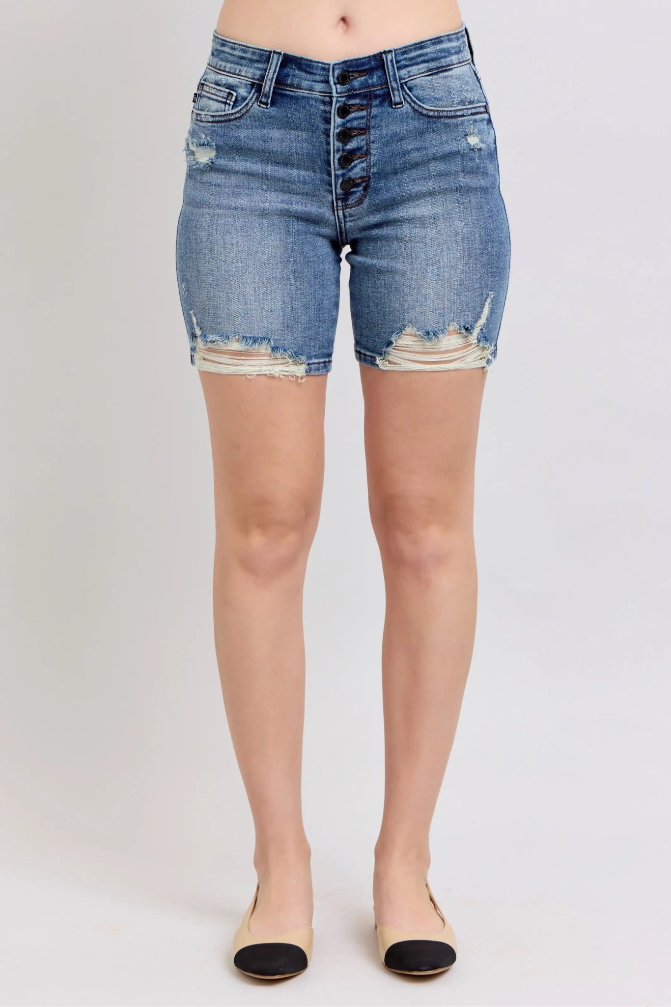 Judy Blue Button Fly Mid Length Denim Shorts W/ Destroy - Bitsy Gypsy Boutique
