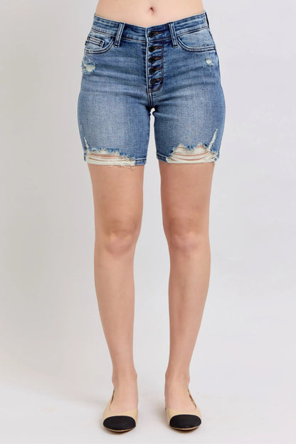 Judy Blue Button Fly Mid Length Denim Shorts W/ Destroy - Bitsy Gypsy Boutique