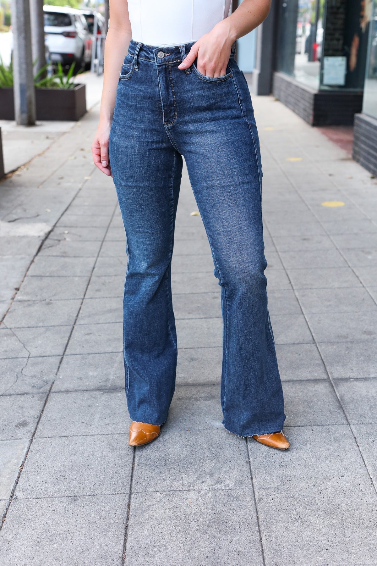 Judy Blue Dark Wash High Rise Flare Back Pocket Detail Jeans - Bitsy Gypsy Boutique