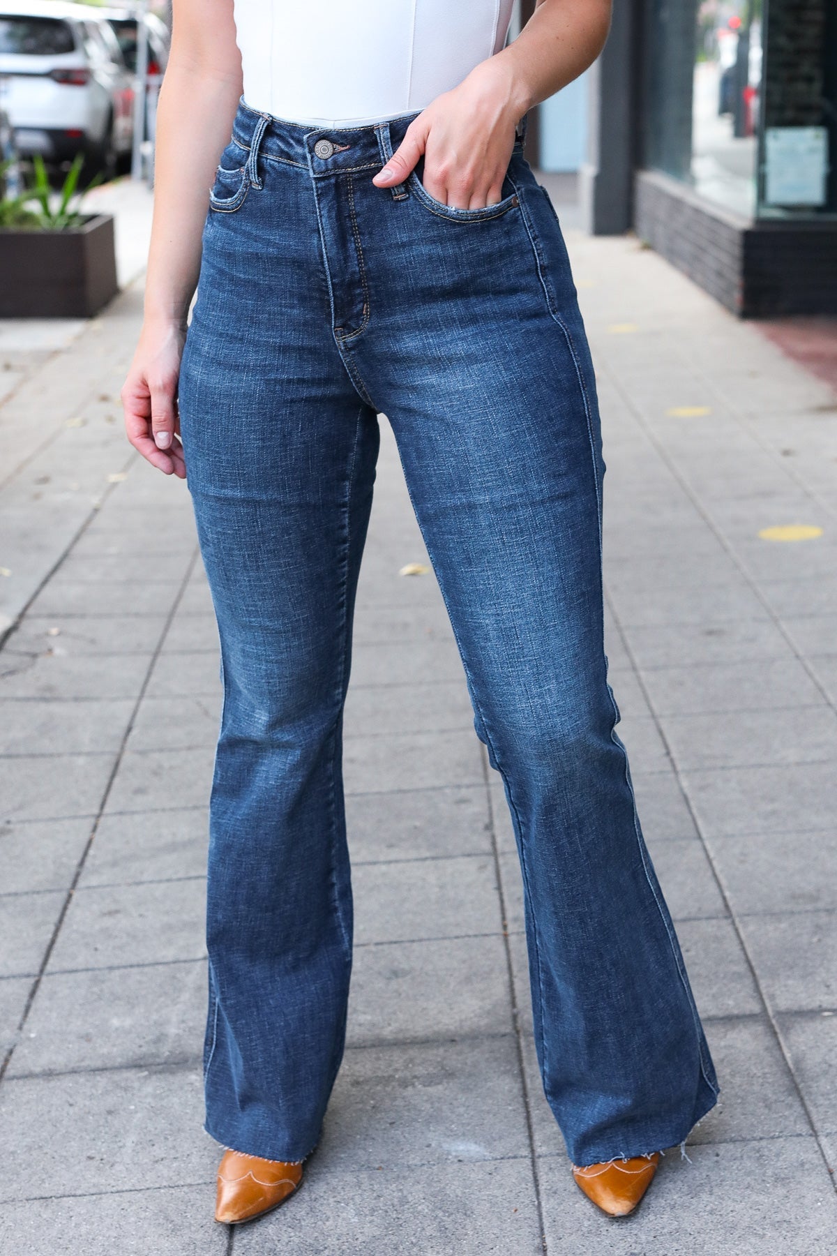 Judy Blue Dark Wash High Rise Flare Back Pocket Detail Jeans - Bitsy Gypsy Boutique