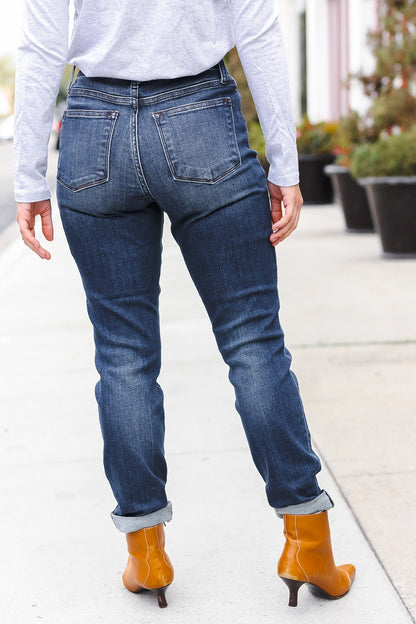 Judy Blue Dark Wash Mid Rise Cuffed Slim Fit Jeans - Bitsy Gypsy Boutique