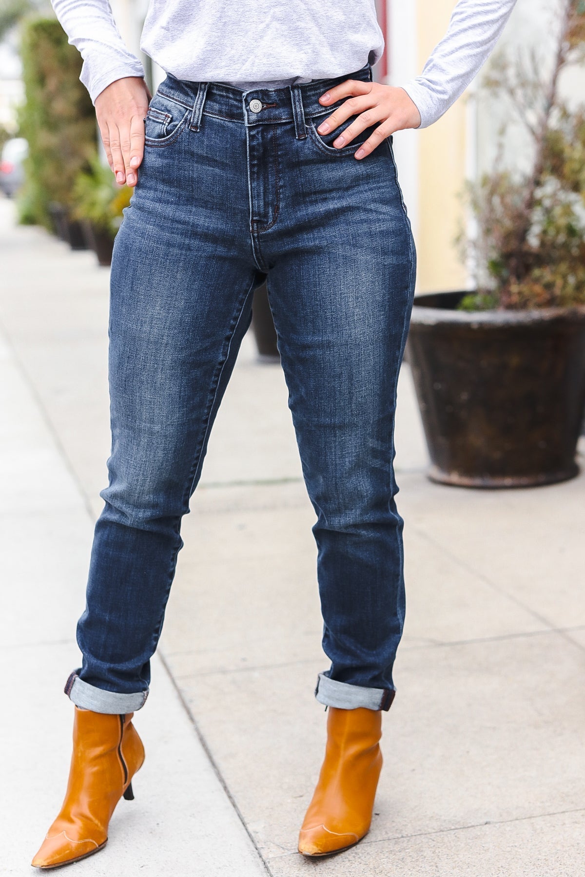 Judy Blue Dark Wash Mid Rise Cuffed Slim Fit Jeans - Bitsy Gypsy Boutique