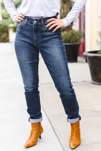 Judy Blue Dark Wash Mid Rise Cuffed Slim Fit Jeans - Bitsy Gypsy Boutique