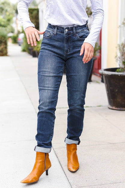 Judy Blue Dark Wash Mid Rise Cuffed Slim Fit Jeans - Bitsy Gypsy Boutique