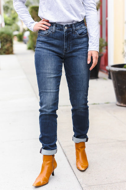 Judy Blue Dark Wash Mid Rise Cuffed Slim Fit Jeans - Bitsy Gypsy Boutique