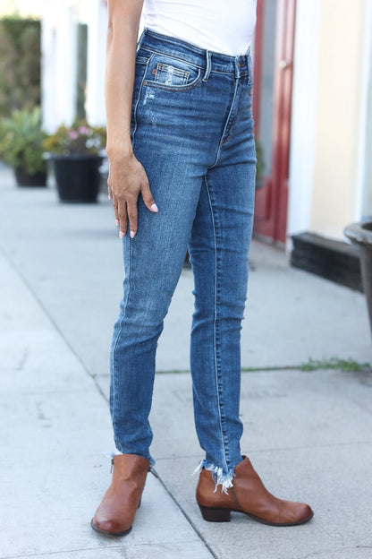 Judy Blue Dark Wash Mid Rise Minimum Distressed Straight Leg Jeans - Bitsy Gypsy Boutique