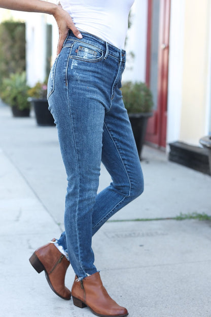 Judy Blue Dark Wash Mid Rise Minimum Distressed Straight Leg Jeans - Bitsy Gypsy Boutique