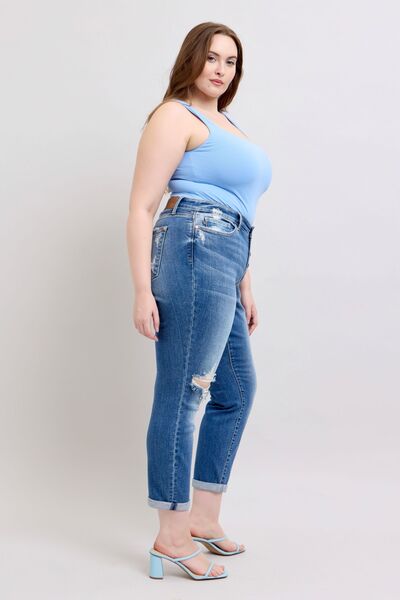 Judy Blue Full Size Button Fly Distressed Jeans with Pockets Plus Size - Bitsy Gypsy Boutique