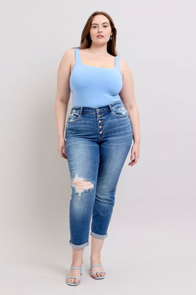 Judy Blue Full Size Button Fly Distressed Jeans with Pockets Plus Size - Bitsy Gypsy Boutique