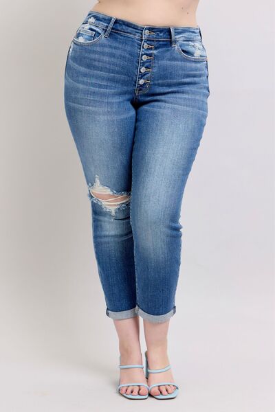 Judy Blue Full Size Button Fly Distressed Jeans with Pockets Plus Size - Bitsy Gypsy Boutique