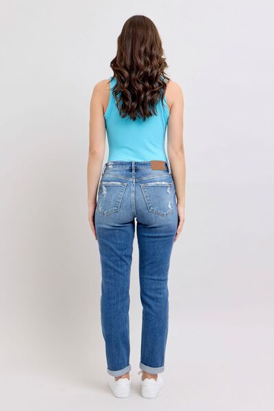 Judy Blue Full Size Button Fly Distressed Jeans with Pockets Plus Size - Bitsy Gypsy Boutique