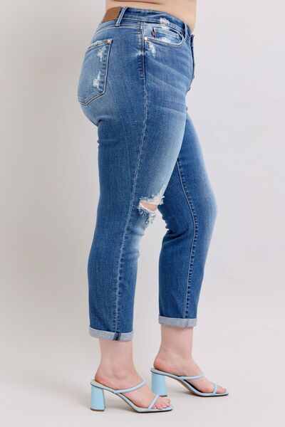 Judy Blue Full Size Button Fly Distressed Jeans with Pockets Plus Size - Bitsy Gypsy Boutique