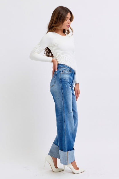 Judy Blue Full Size Distressed High Waist Wide Leg Jeans - Bitsy Gypsy Boutique