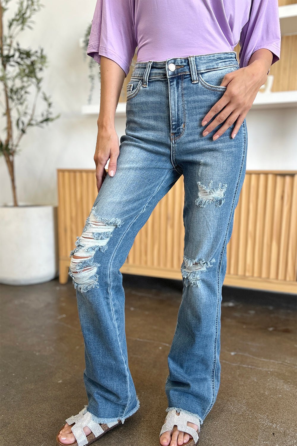 Judy Blue Full Size Distressed Raw Hem Bootcut Jeans - Bitsy Gypsy Boutique