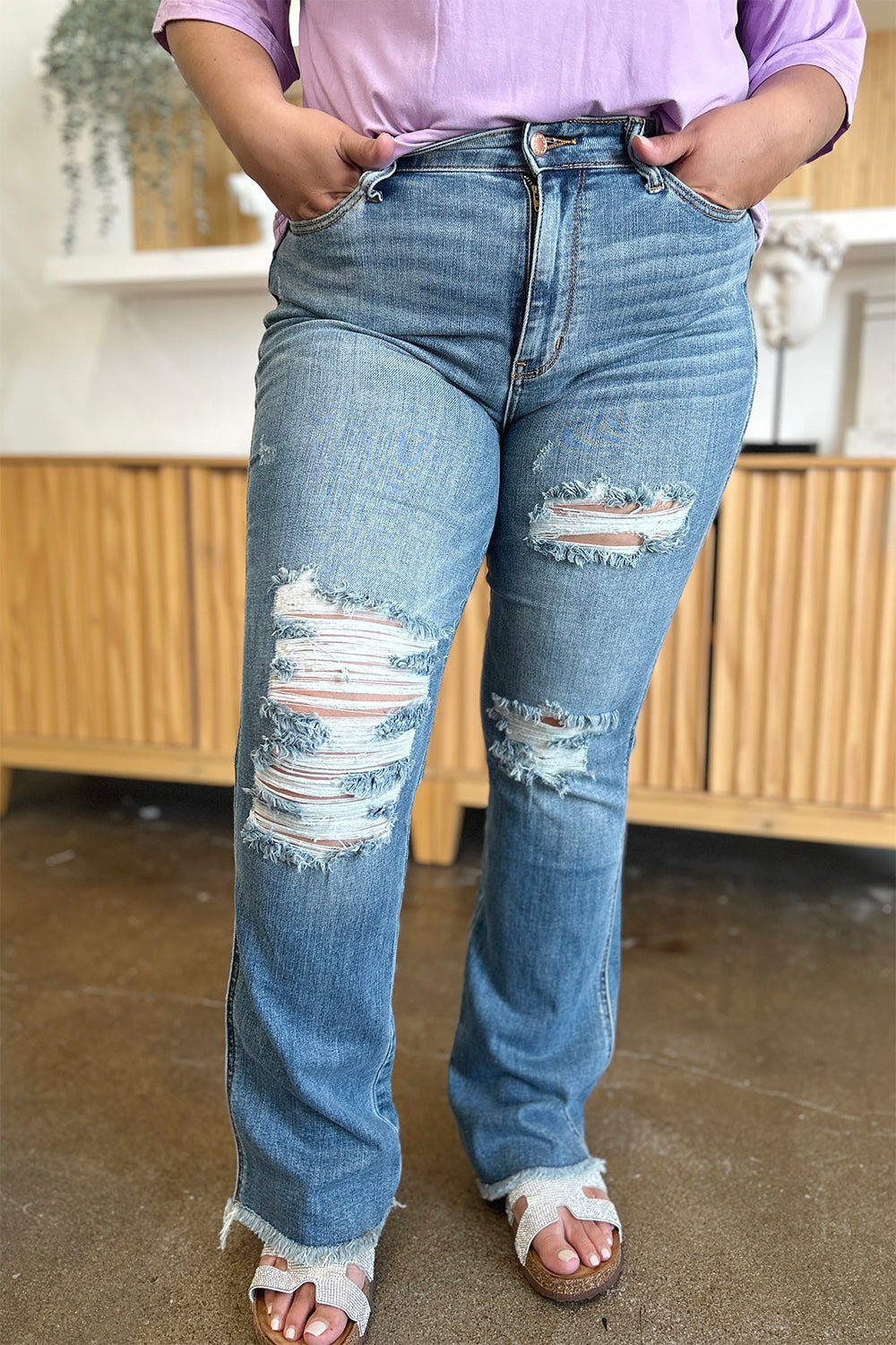 Judy Blue Full Size Distressed Raw Hem Bootcut Jeans - Bitsy Gypsy Boutique