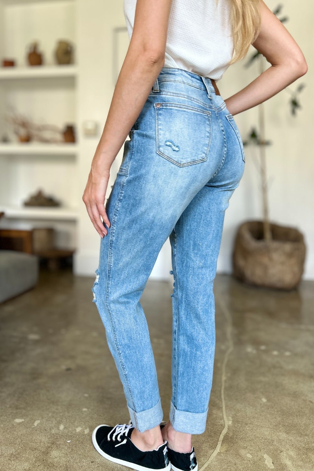 Judy Blue Full Size Distressed Straight Jeans with Patch Pockets - Bitsy Gypsy Boutique