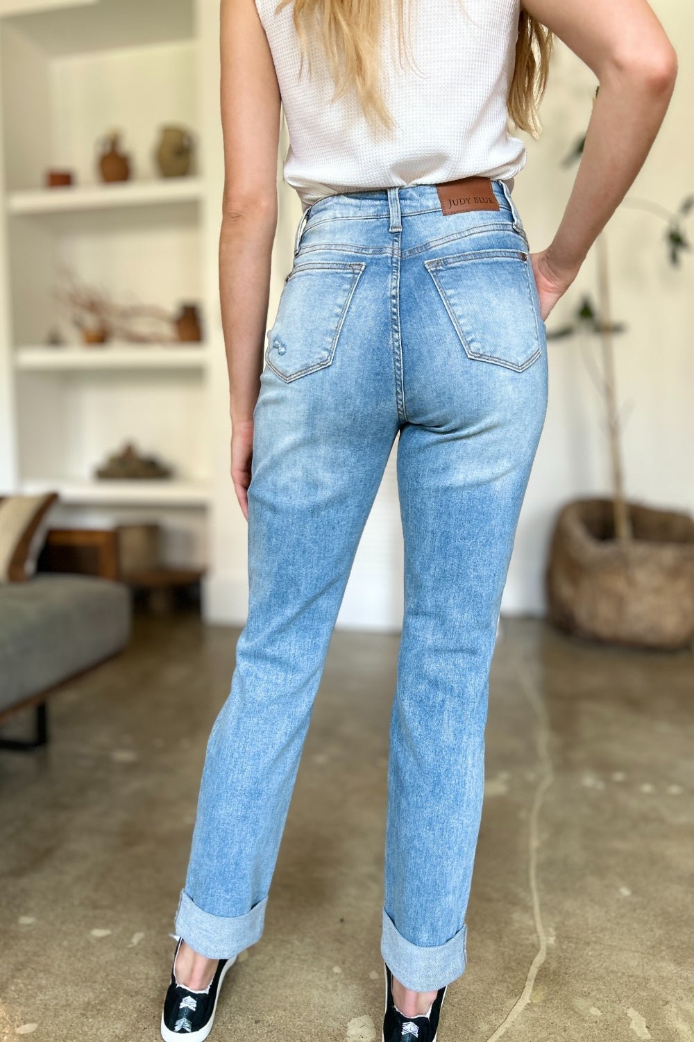 Judy Blue Full Size Distressed Straight Jeans with Patch Pockets - Bitsy Gypsy Boutique