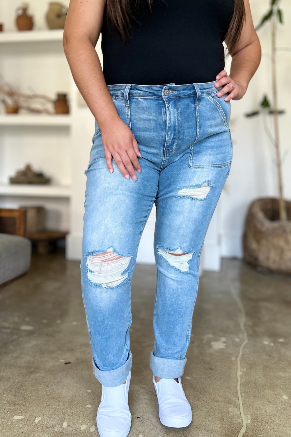 Judy Blue Full Size Distressed Straight Jeans with Patch Pockets - Bitsy Gypsy Boutique