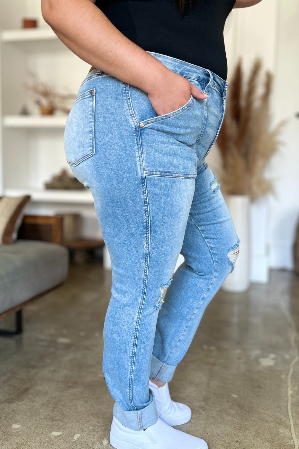 Judy Blue Full Size Distressed Straight Jeans with Patch Pockets - Bitsy Gypsy Boutique