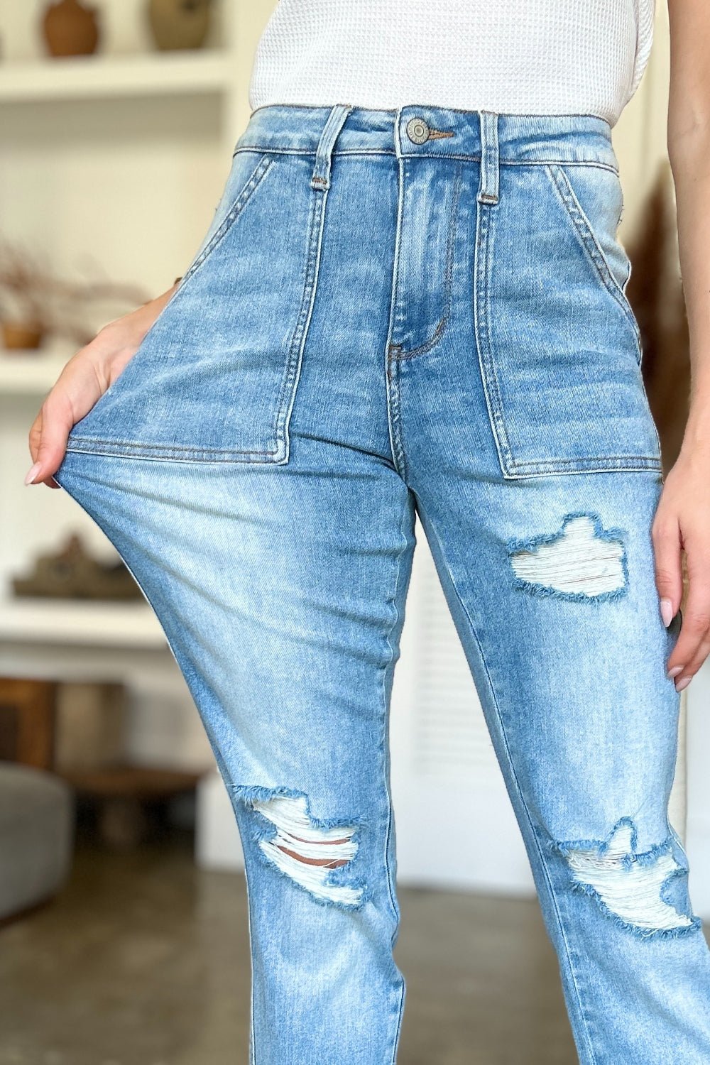 Judy Blue Full Size Distressed Straight Jeans with Patch Pockets - Bitsy Gypsy Boutique