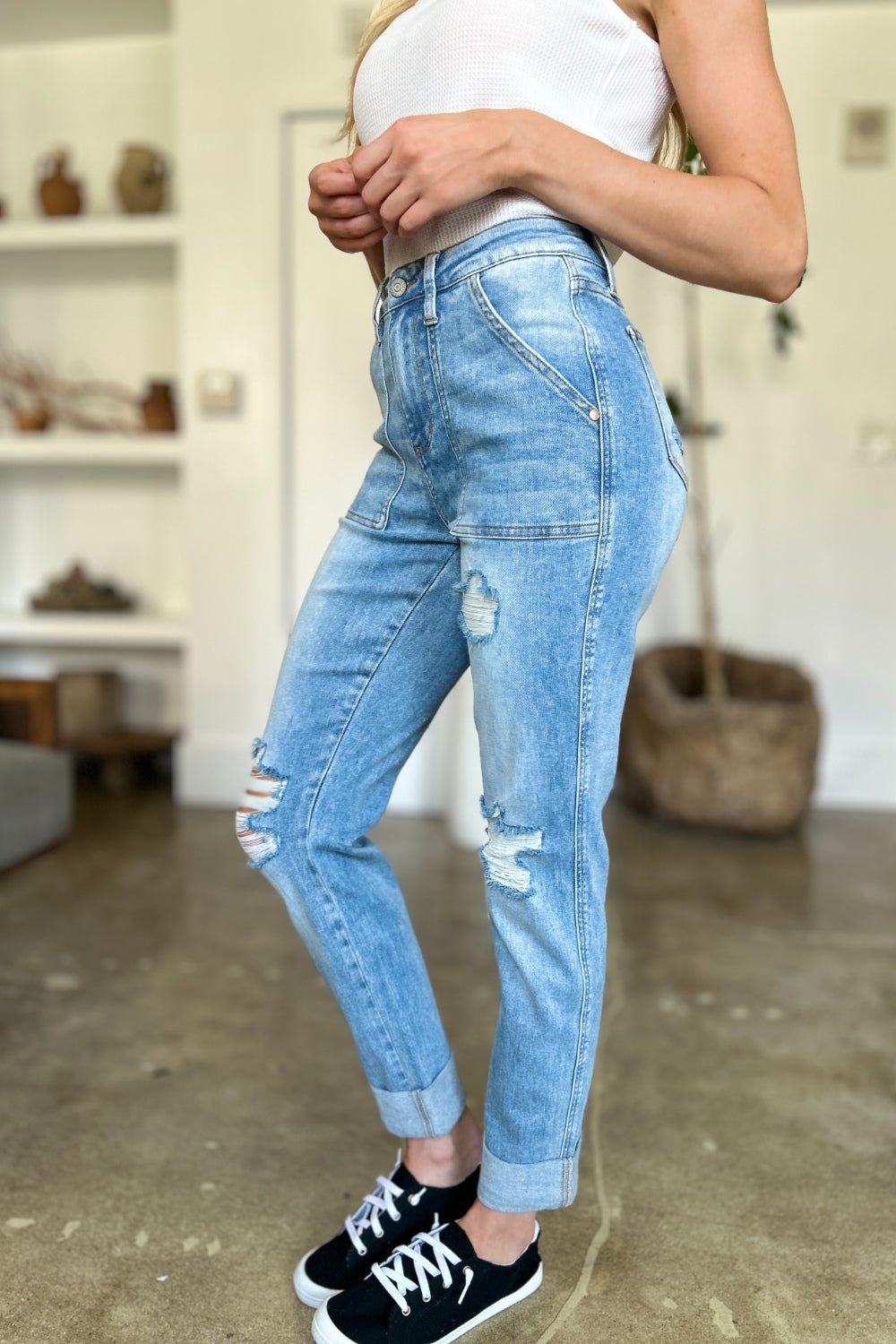 Judy Blue Full Size Distressed Straight Jeans with Patch Pockets - Bitsy Gypsy Boutique