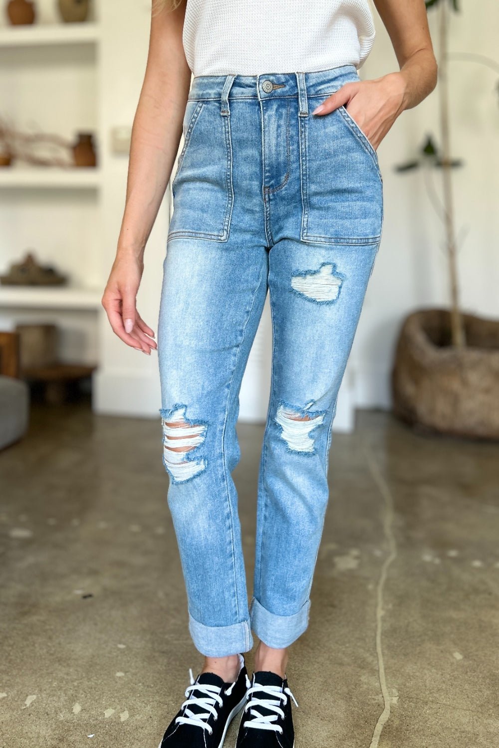 Judy Blue Full Size Distressed Straight Jeans with Patch Pockets - Bitsy Gypsy Boutique