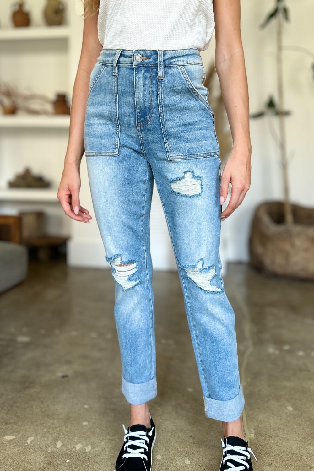 Judy Blue Full Size Distressed Straight Jeans with Patch Pockets - Bitsy Gypsy Boutique