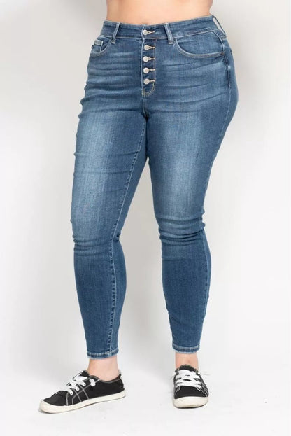Judy Blue Full Size High Rise Button Fly Skinny Jeans Plus Size - Bitsy Gypsy Boutique