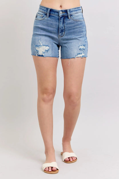 Judy Blue Full Size High Waist Denim Shorts W/stitch Over Destroy Detail - Bitsy Gypsy Boutique